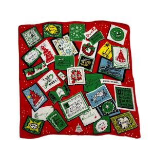Vintage 1950s Christmas Cotton Handkerchief Retro Card Print Novelty Hanky Red